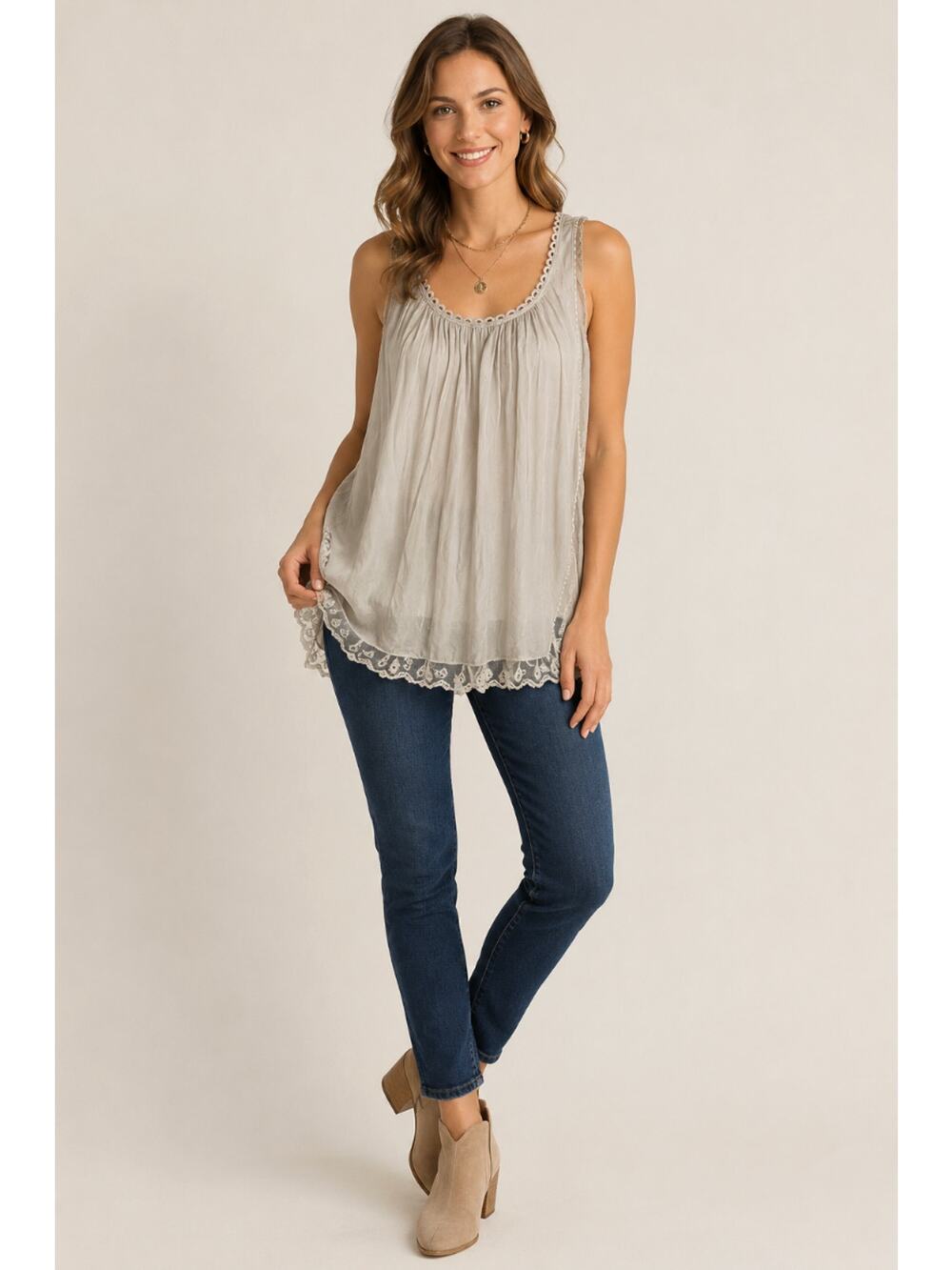 Stella Rosa Italy LaceTank Top Silk Beige Boho  Closet Staple Coquette Small